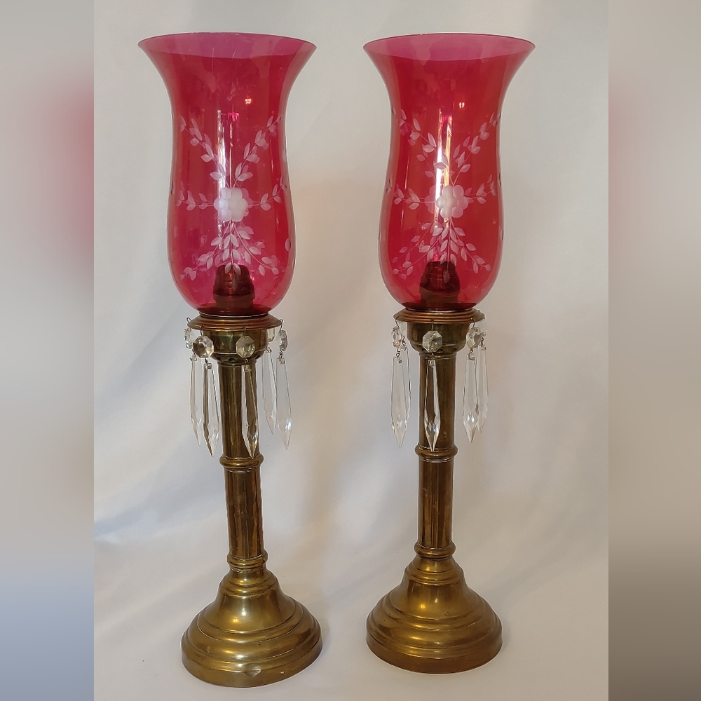 Antique Russian Brass Spring Loaded Candle Holders w/Etched Cranberry Globes